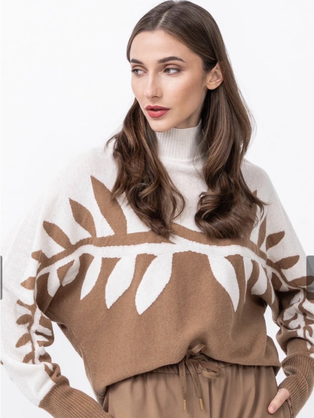 Marella “Raimond” Neutral Leaf-Pattern Mock Neck Sweater - 100% merino wool